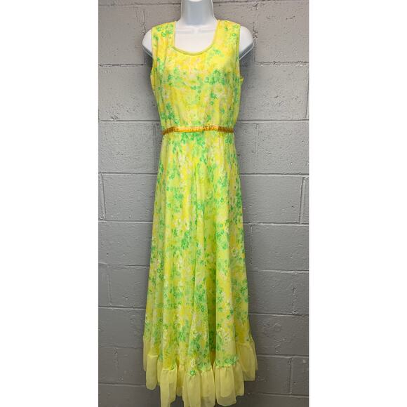 Vtg 70s Floral Chiffon Ruffled Sleeveless Gown Prom Maxi Dress XL - Picture 2 of 10